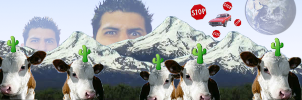 a herd of hypnotized cows in front of a mountain range with giant spikey haired men peeking over. The Earth is visible in the sky, and there is a car flying away from it surrounded by stop signs.